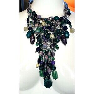 Chico's statement necklace Multicolor Beads Silver Braided Cord Boho chunky